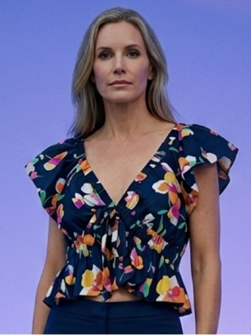 Meet me in Santorini,  Navy Floral Tie-Front Crop Top NWT